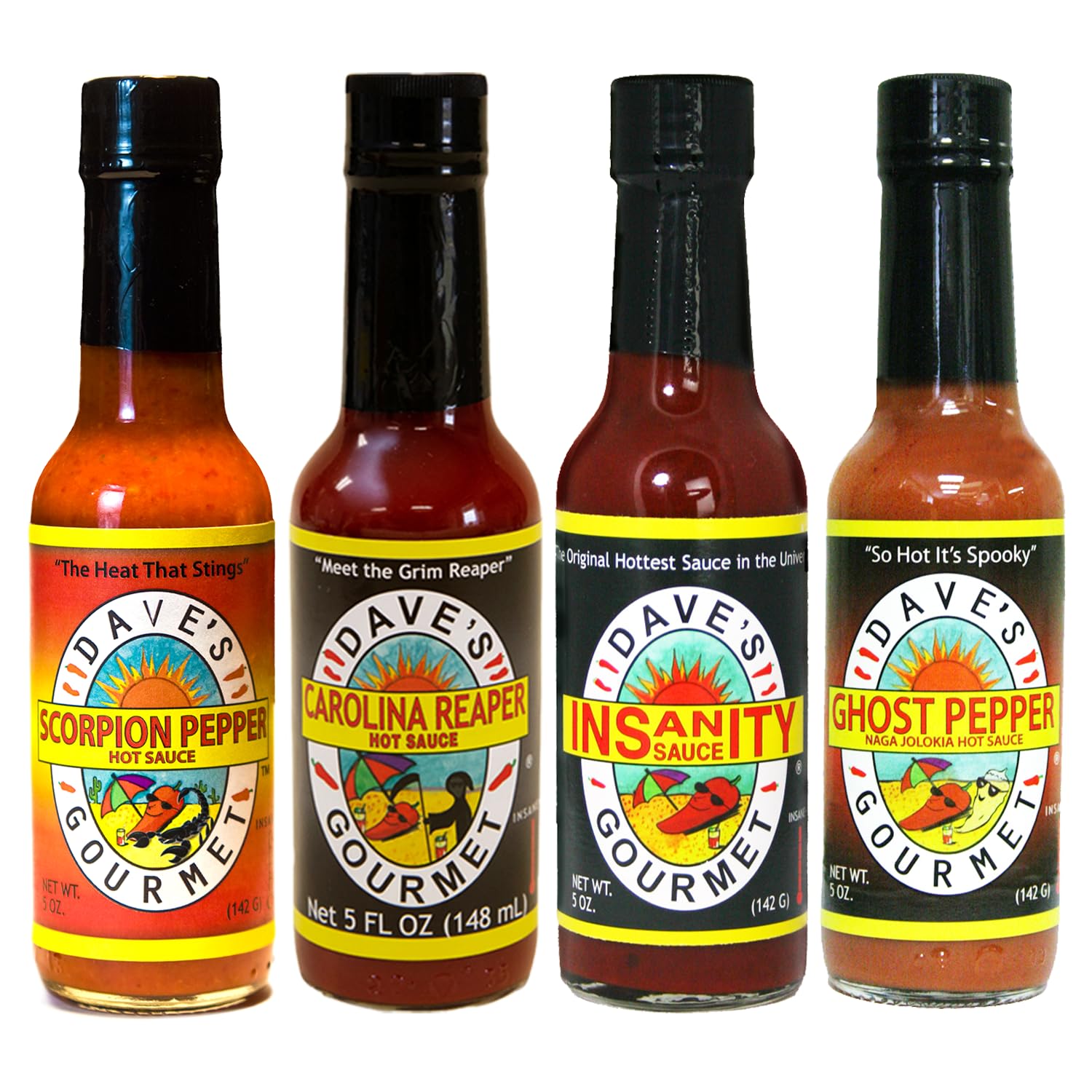 Dave’s Gourmet Insanity Super Hot Sauce Variety 4-Pack - Carolina Reaper, Ghost Pepper, Scorpion & Insanity - Extreme Heat, Bold Flavor - Vegan, Gluten-Free, No Preservatives - 5oz Bottles