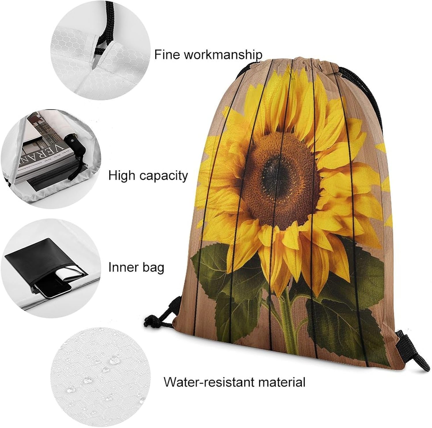 Adjustable Drawstring Backpack，Sunflower with Wood Printed Portable Drawstring Bag Large Capacity Foldable Drawstring Bag for Shopping Sport Yoga Travel, Swimming, Gym, Beach