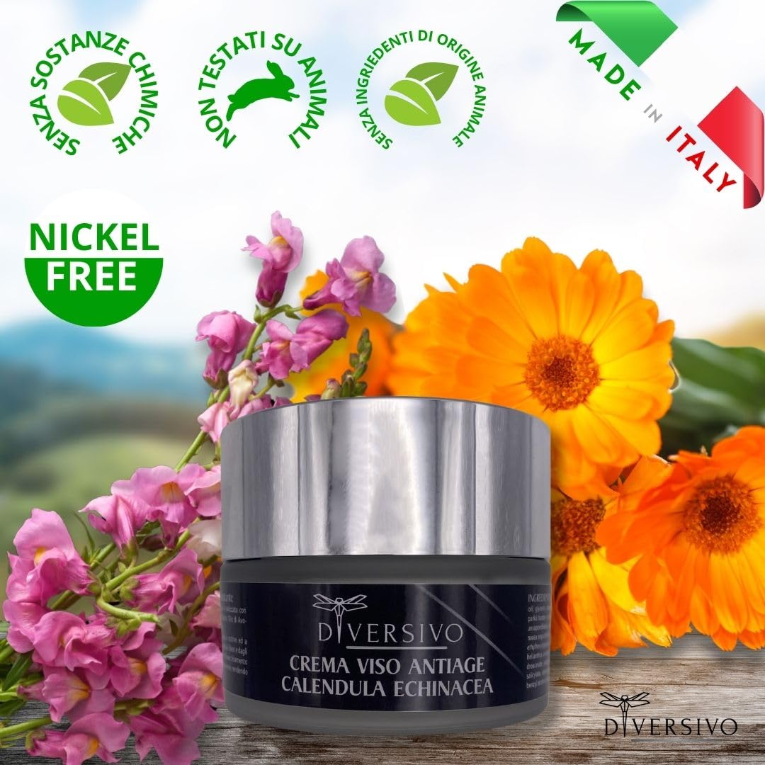 DIVERSIVO - Crema Viso Antirughe - Idratante e Rassodante con Echinacea, Calendula e Acido Ialuronico - Anti-Età Naturale - 50ml