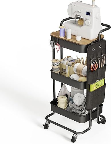 Miniatura 8 de DTK Carrito de metal de 3 niveles con mesa y bolsas laterales, bandeja organizadora de almacenamiento, 4 ganchos para cocina, baño, oficina, sala de