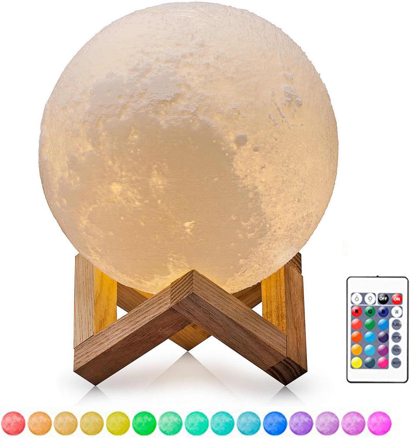 Mksutary 3D Moon Lamp 8cm/3.15inch 16 Color RGB Remote Control with USB Chargable LED Night Light Magical Lunar Table Lamp Moonlight Gift Two Tone Touch Sensor with Wooden Holder