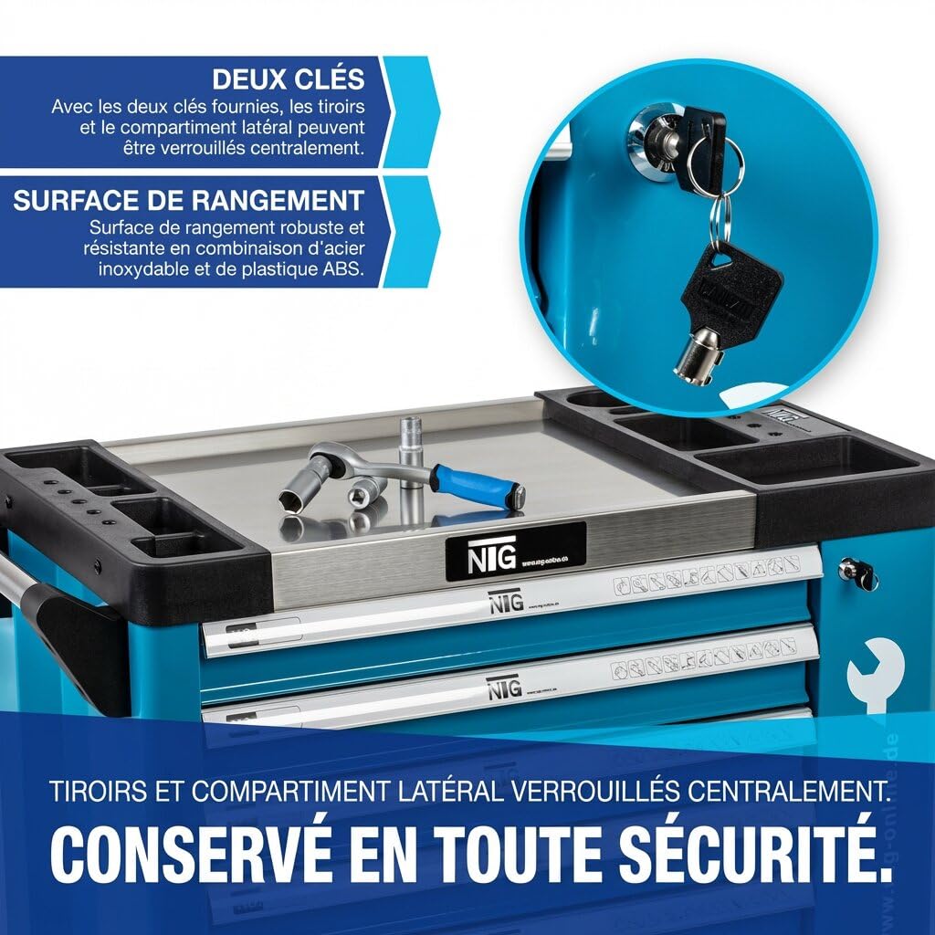 NTG Chariot à Outils + Outils + 7 tiroirs, 247 pièces, verrouillable, Dont 6 avec Outils, avec Inserts Souples en Aspect Carbone, tiroirs remplis, servante d'atelier, boîte à Outils