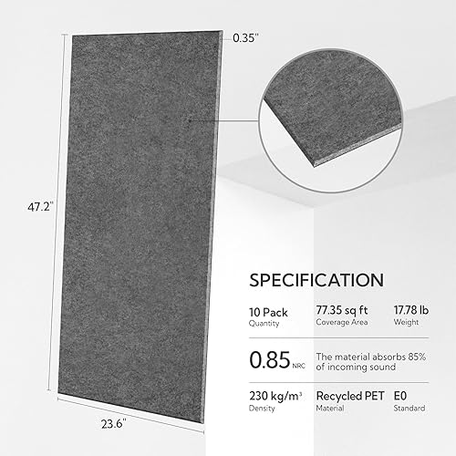 Miniatura 2 de Olanglab Paquete de 10 paneles acústicos de pared, 48 x 24 pulgadas por cada panel acústico, absorbentes de sonido, para estudio en casa y oficina,