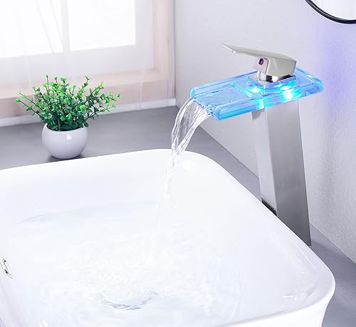 Miniatura 2 de Grifo LED para lavabo de baño, grifo de fregadero de recipiente alto, cascada de una sola manija, 1 agujero y 2 líneas de suministro de agua, grifo