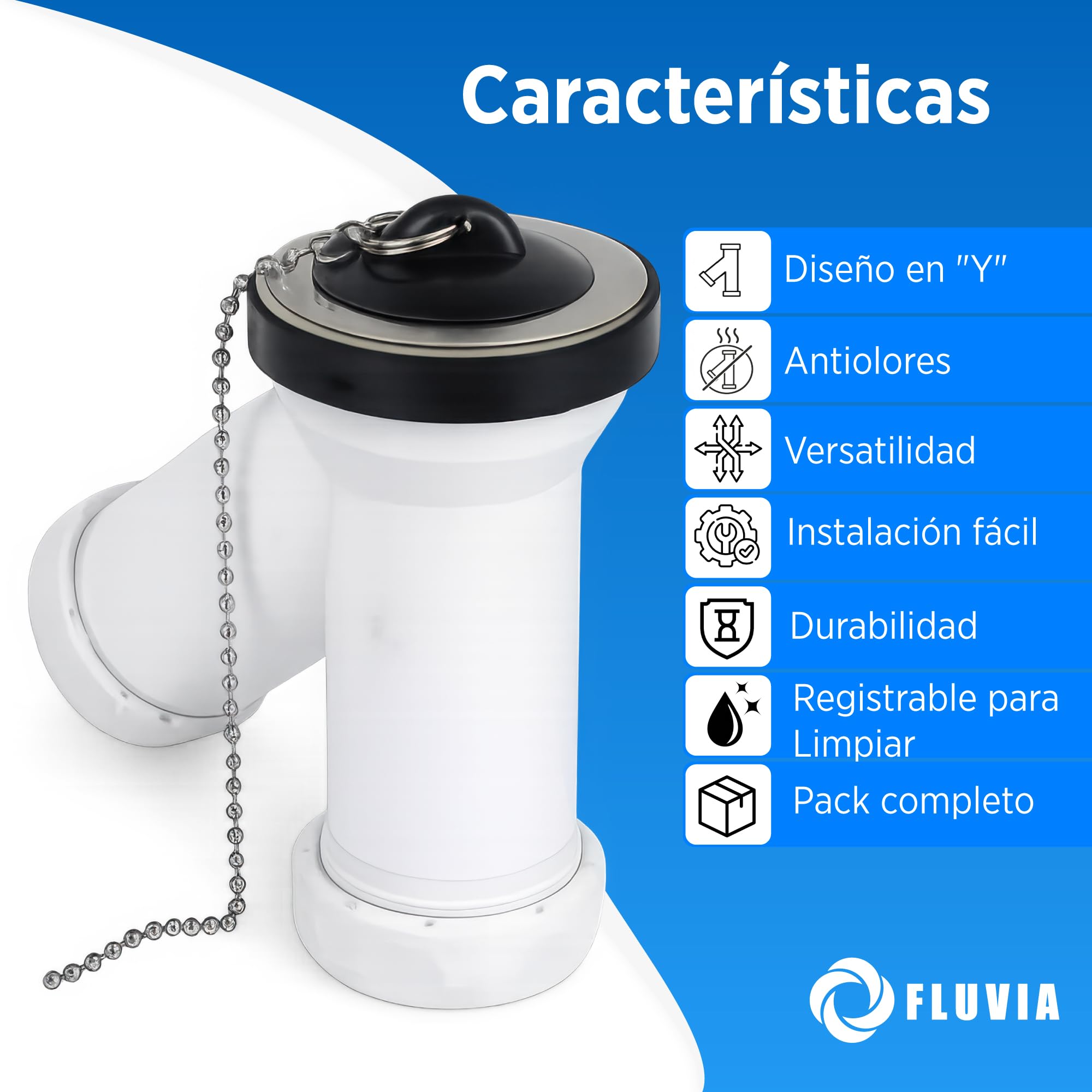 Sifón en Y para Lavabo y Bidé Ø70 | Salida 40 mm | Con Reducción 32 mm | Sifón Desagüe Antiolores | Polipropileno Blanco | Para Lavabo, Bidé y Fregadero | Fluvia — view 2
