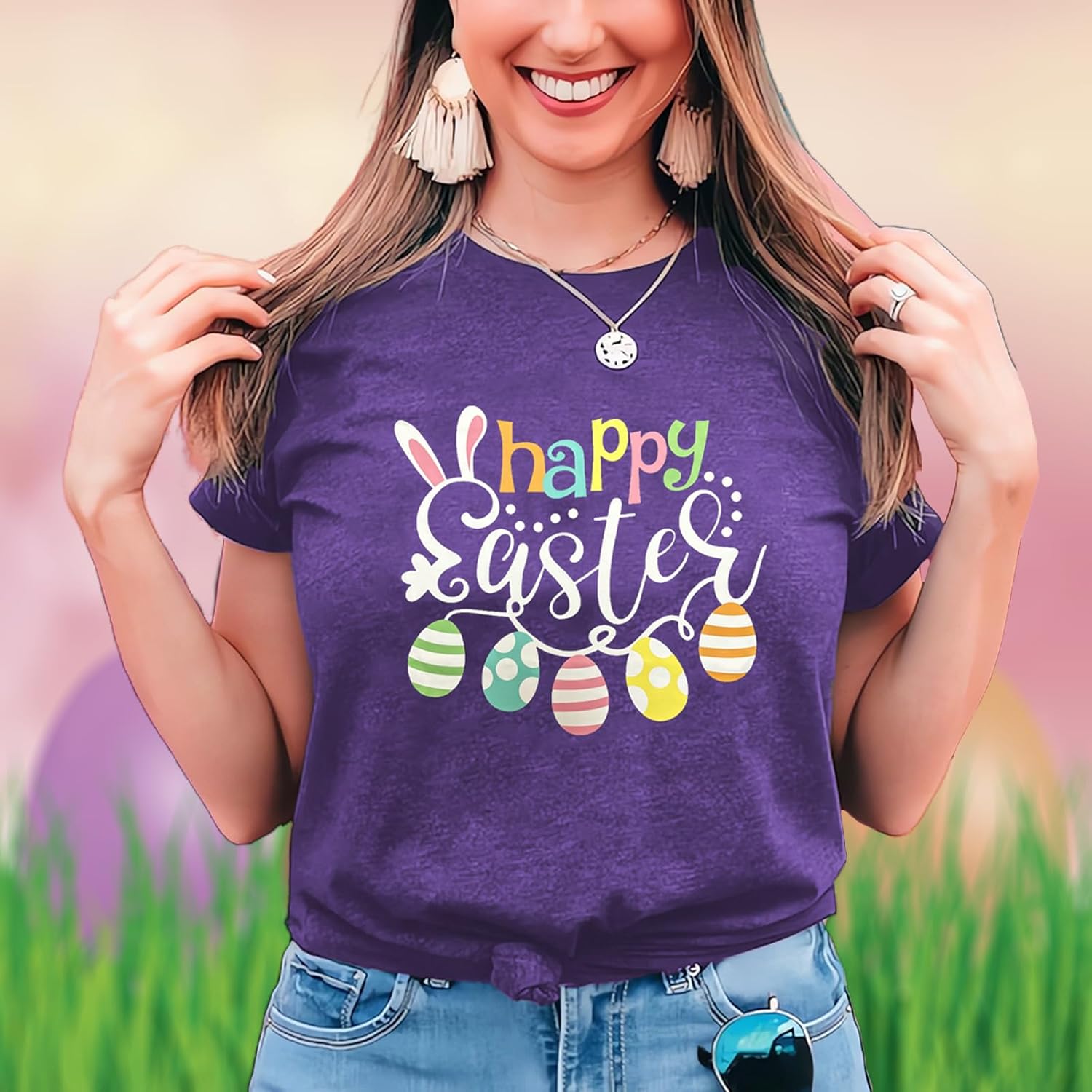 Women Happy Easter Shirts Funny Bunny T-Shirt Rabbit Graphic Tee Tops - Image 3