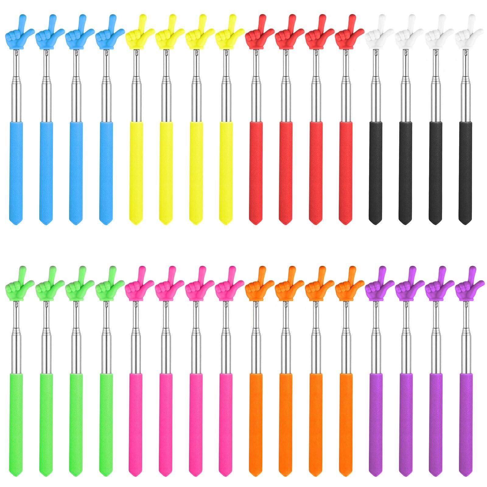 Paquete de 32 palillos de dedo puntero para aula, 8 colores telescópicos para profesores, punteros extensibles de mano coloridos para profesores, presentaciones, suministros