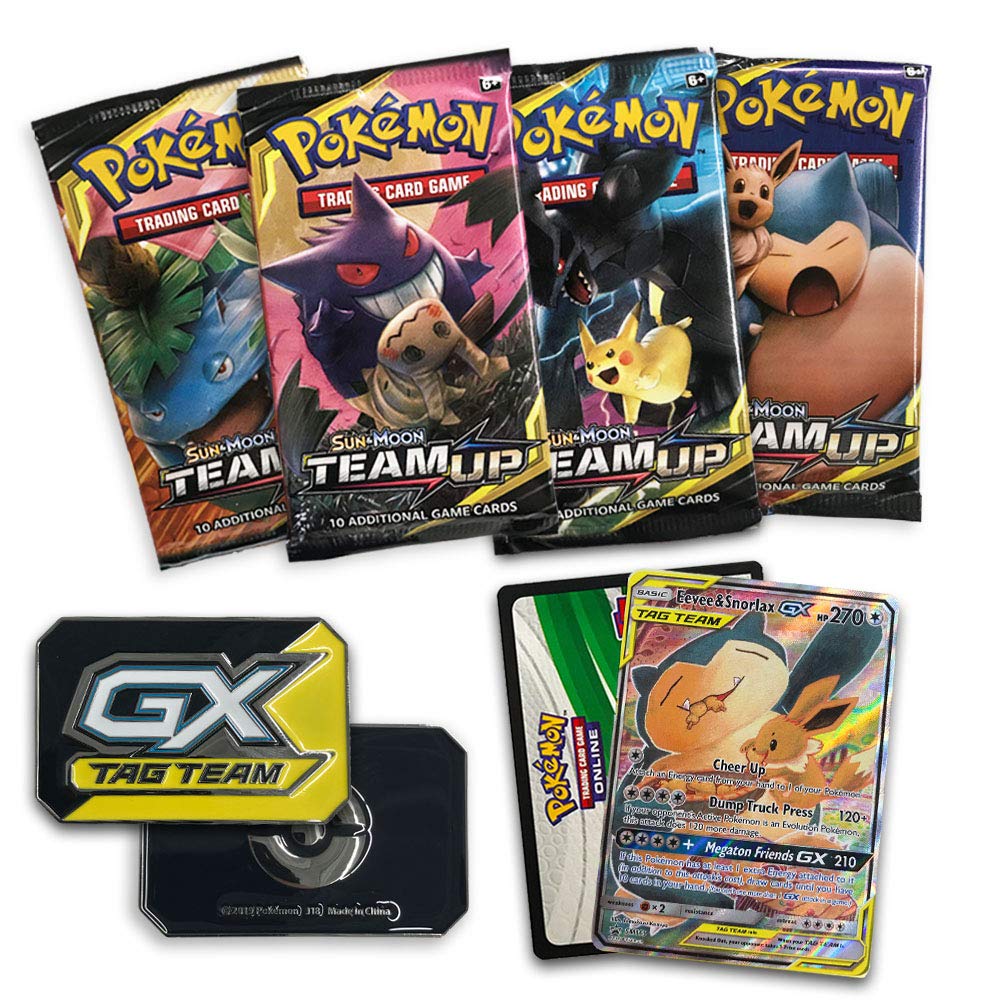 Amazon.com: Pokemon TCG: Sun & Moon Team Up Collector's Tin Containing 4 Booster  Packs and Featuring A Foil Eevee & Snorlax GX Card : Toys & Games