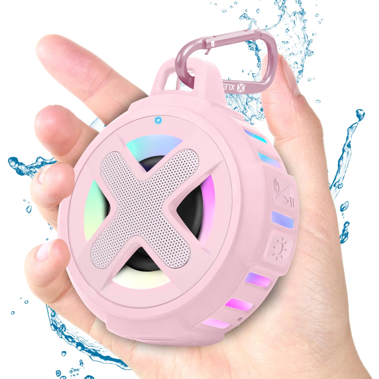 XLeader Pink Mini Bluetooth Speaker, Certified IPX7 Waterproof Shower Pool Floating Speaker with Lights, Clip, Mic, Crystal Sound&Bass, 2000mAh, for Beach Kayak Travel, Ideal Gifts for Teen Girl Women