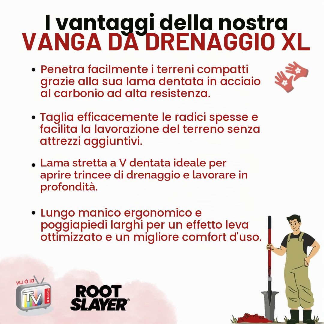 Vanga da drenaggio a manico XL – ROOTSLAYER – Venteo – Lama a V rovesciata – Denti ultra affilati in acciaio al carbonio