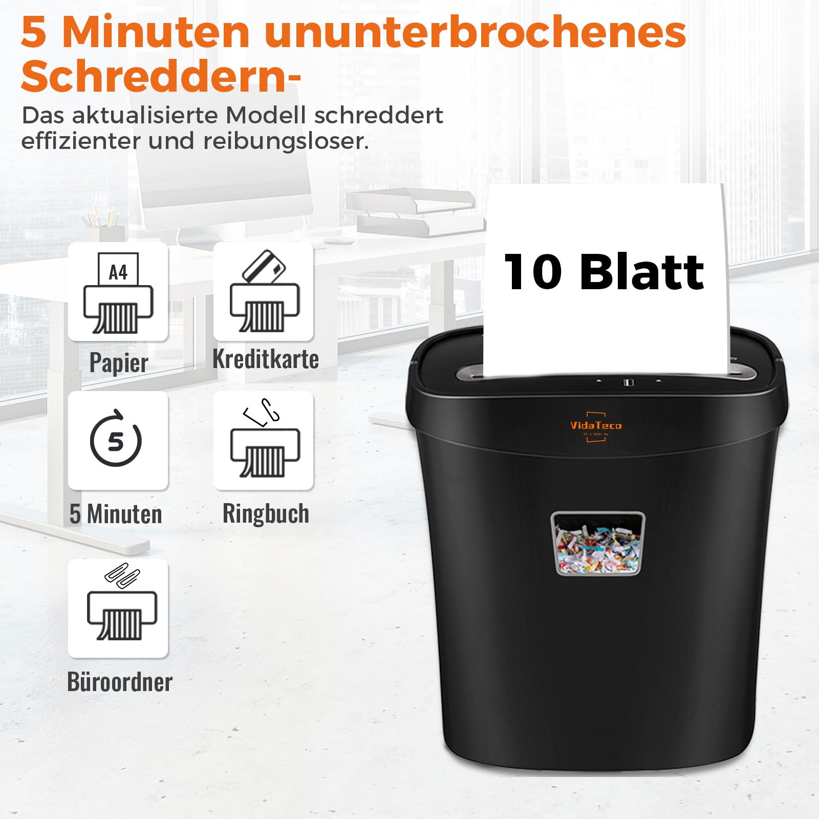 Schredder, 10 Blatt Querschnitt (P-4) Aktenvernichter, VidaTeco Partikelschnitt Papierschredder für Papier/Kreditkarten, Reisswolf mit Tragbares Griffdesign & 15L Behälter für Büros und Home, Schwarz