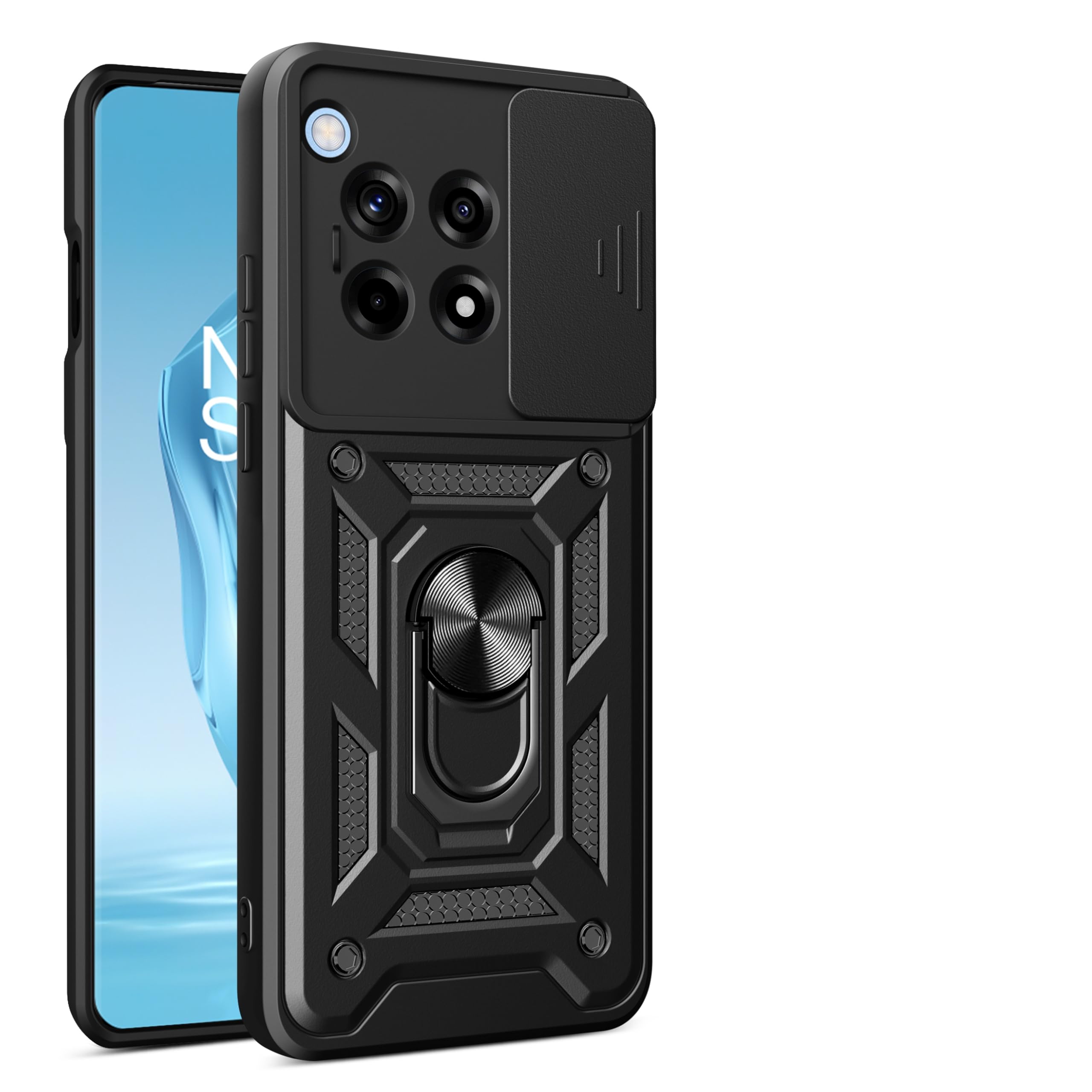 For OnePlus 12R 5G Case with Slide Camera Protective Cover & Rotatable Kickstand, Military Grade Shockproof Anti-Scratch Cover for OnePlus 12R 5G - Black