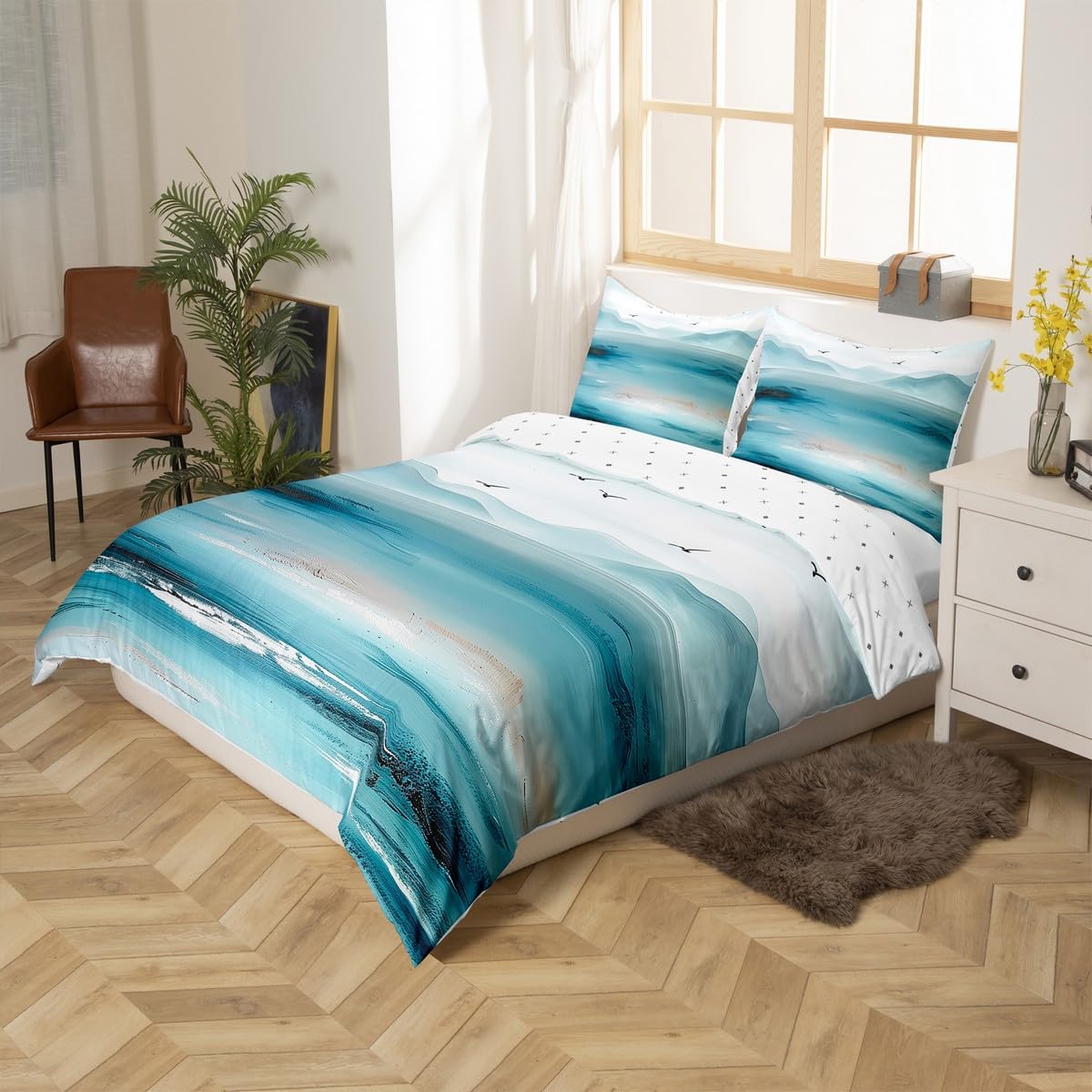 jejeloiu Beach Theme Comforter Cover Toddler Kids Summer Ocean Wave Bedding Set for Boys Girls Teens Blue Seagull Simple Modern Abstract Art Duvet Cover Room Decor?No Comforter