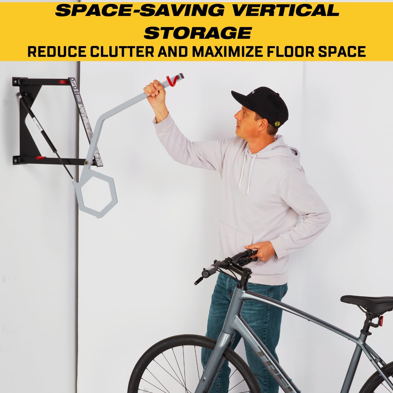 Saris Tip-Up Lift-Assist Bike Rack – Vertical Wall-Mounted Bike Storage with Spring-Assist Hoist – Space-Saving Design for Garage & Indoor Use – Easy Installation