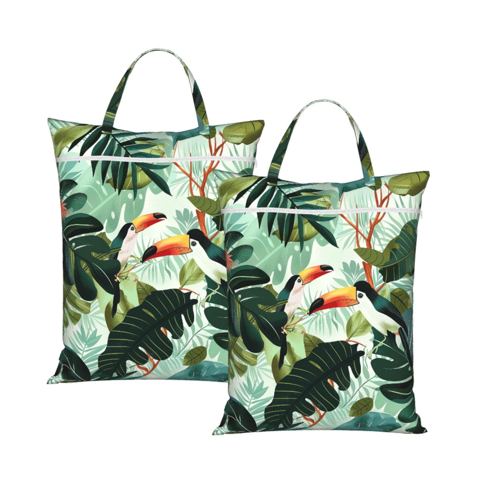 Large Travel Laundry Bags,Tropical Leaves Bird Print with Handle Foldable Laundry Bag for Holidays Gym Swimming and Family Trips, 2Pcs