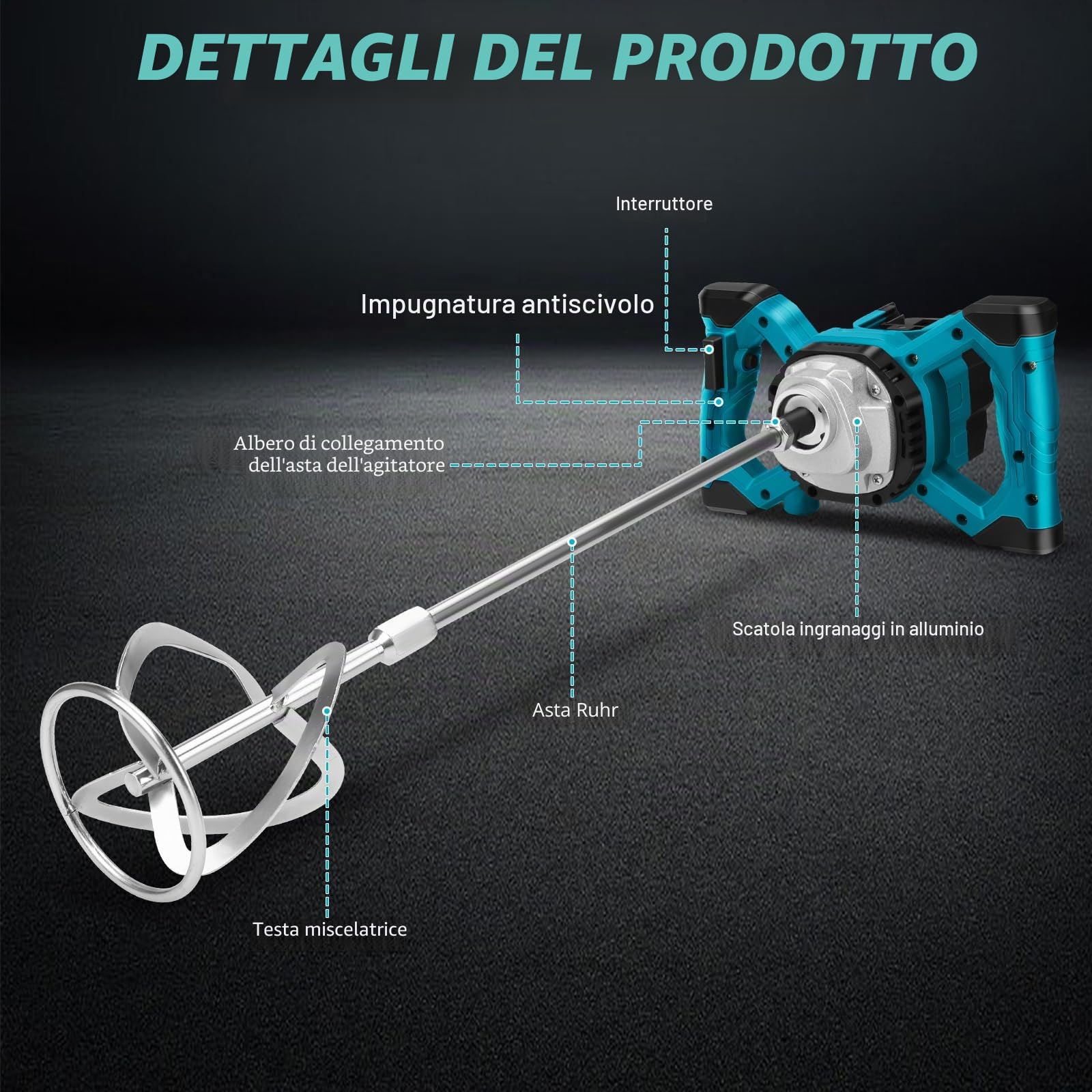 Miscelatore senza fili per vernice e calcestruzzo compatibile con batteria Makita 18 V, miscelatore elettrico a pagaia con 6 velocità, 2 fruste, per miscelare malta per mangimi (senza batteria)