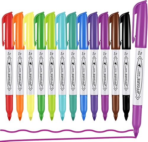 Juego de marcadores permanentes de colores surtidos, 12 marcadores de colores, 12 unidades, punta fina, funciona en madera, plástico, metal y más,