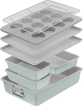 T-fal Refresh Ceramic Nonstick Baking Pans Set 8 Pc, Roaster, 12-Cup for Muffins, Loaf Trays, Baking Sheets Non Stick, Cooling Cooking Rack, Stackable Bakeware Set, Mint Green