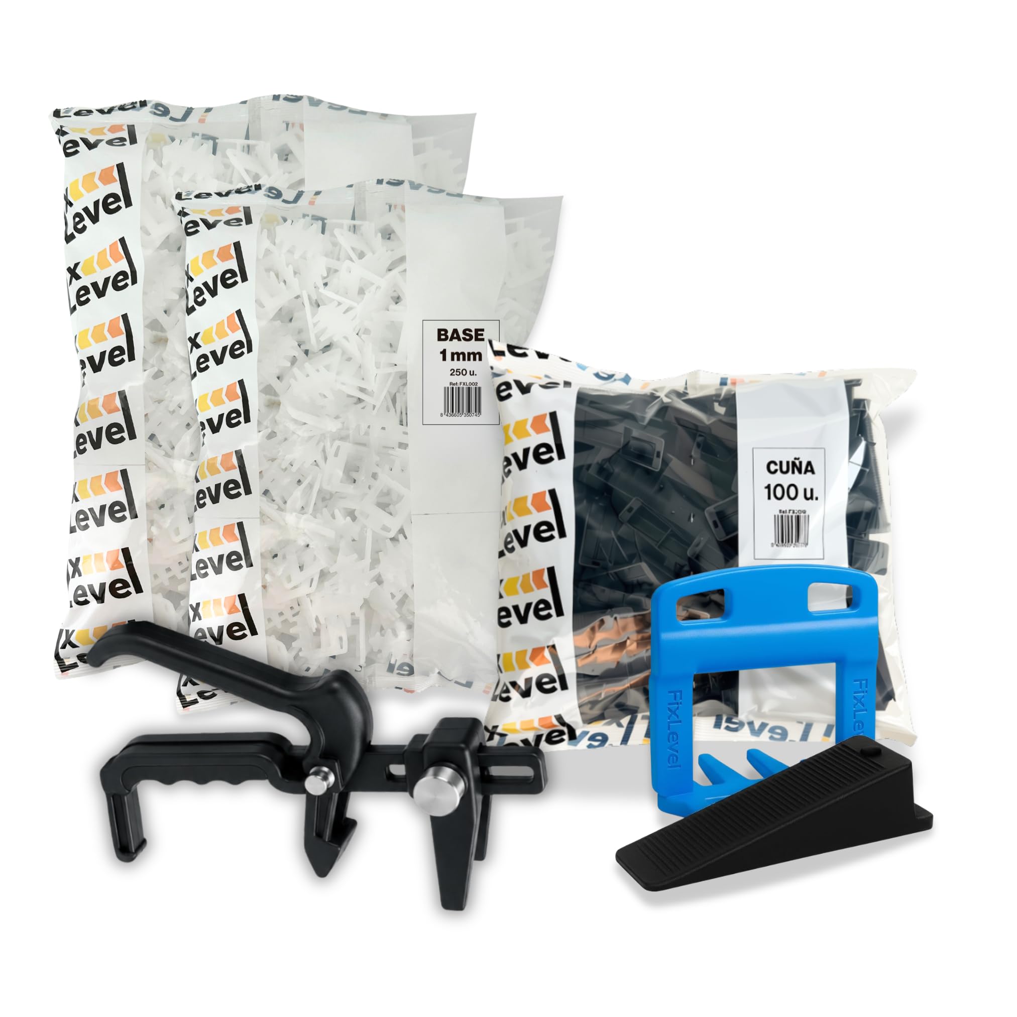Kit Niveladores de Azulejos con Alicate, 500 Clips + 100 Cuñas Reutilizables, Sistema de Nivelación para Baldosas, Suelo y Pared - Fabricado en España (1 mm)
