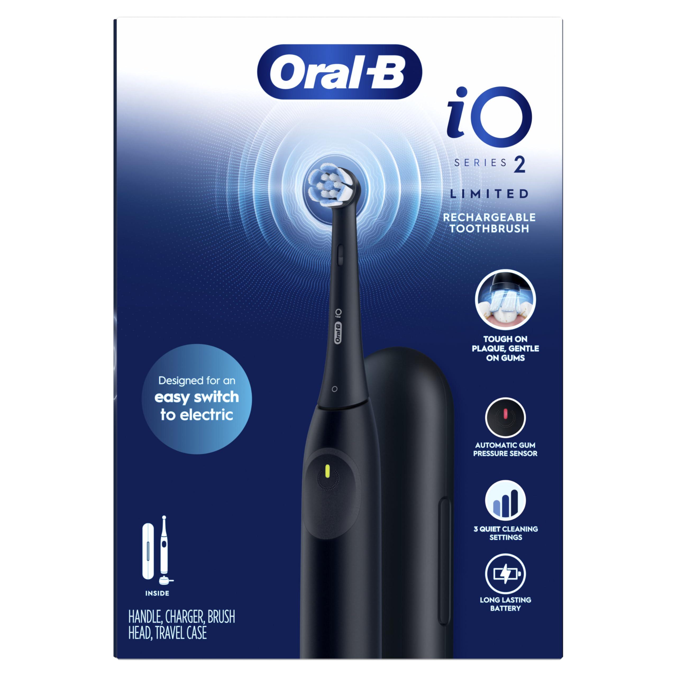 Oral-B iO Simple Clean Rechargeable Electric Powered Toothbrush, Night Black with 1 Gentle Care Brush Head and 1 Black Travel Case - Automatic Pressure Sensor to Protect Gums - 3 Modes - 2 Min Timer
