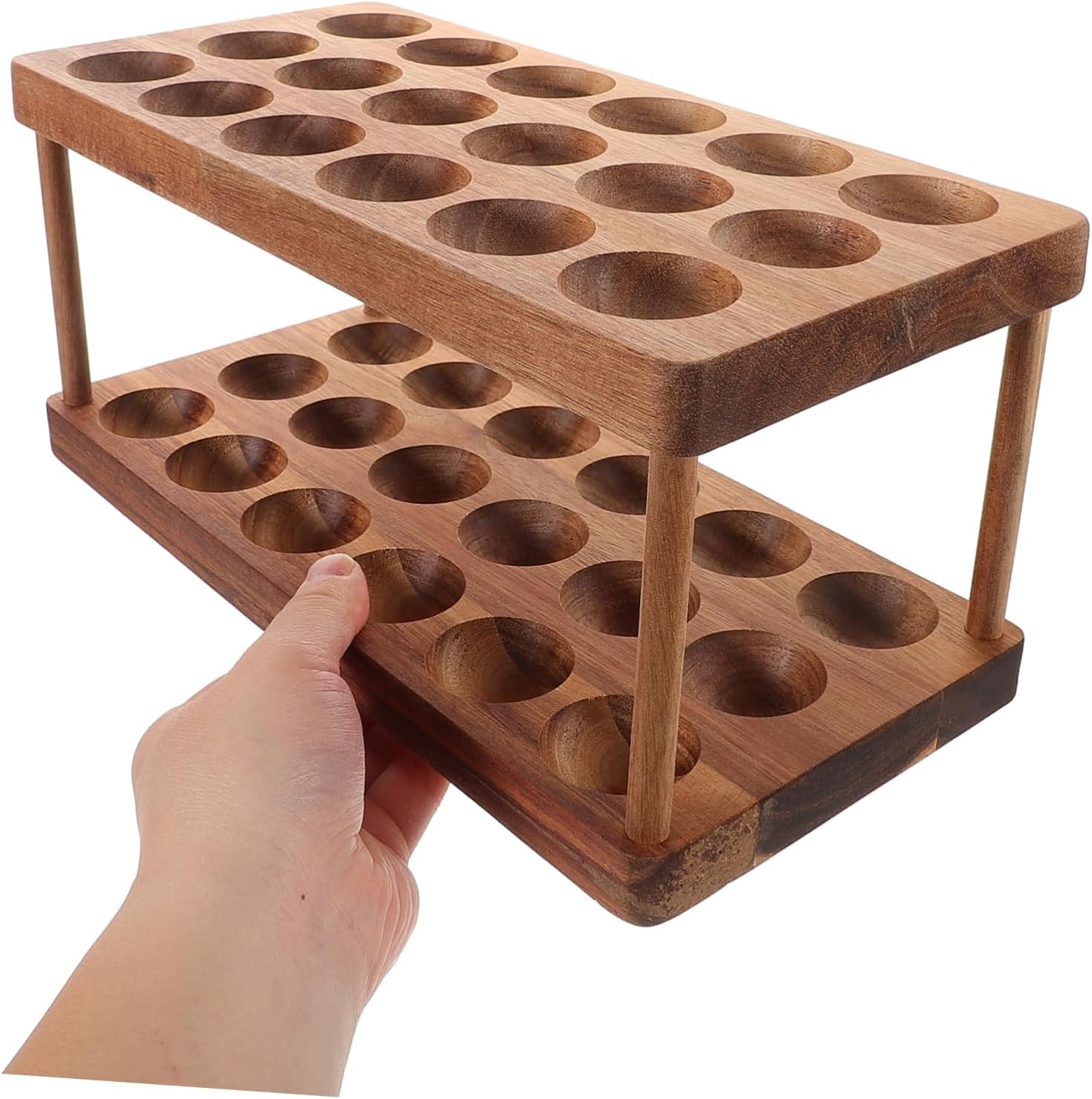 Unomor Double Layer Egg Storage Rack Elegant Wooden Egg Holder for Fresh Eggs Space Saving Kitchen Organizer for Easter Eggs and Daily Use