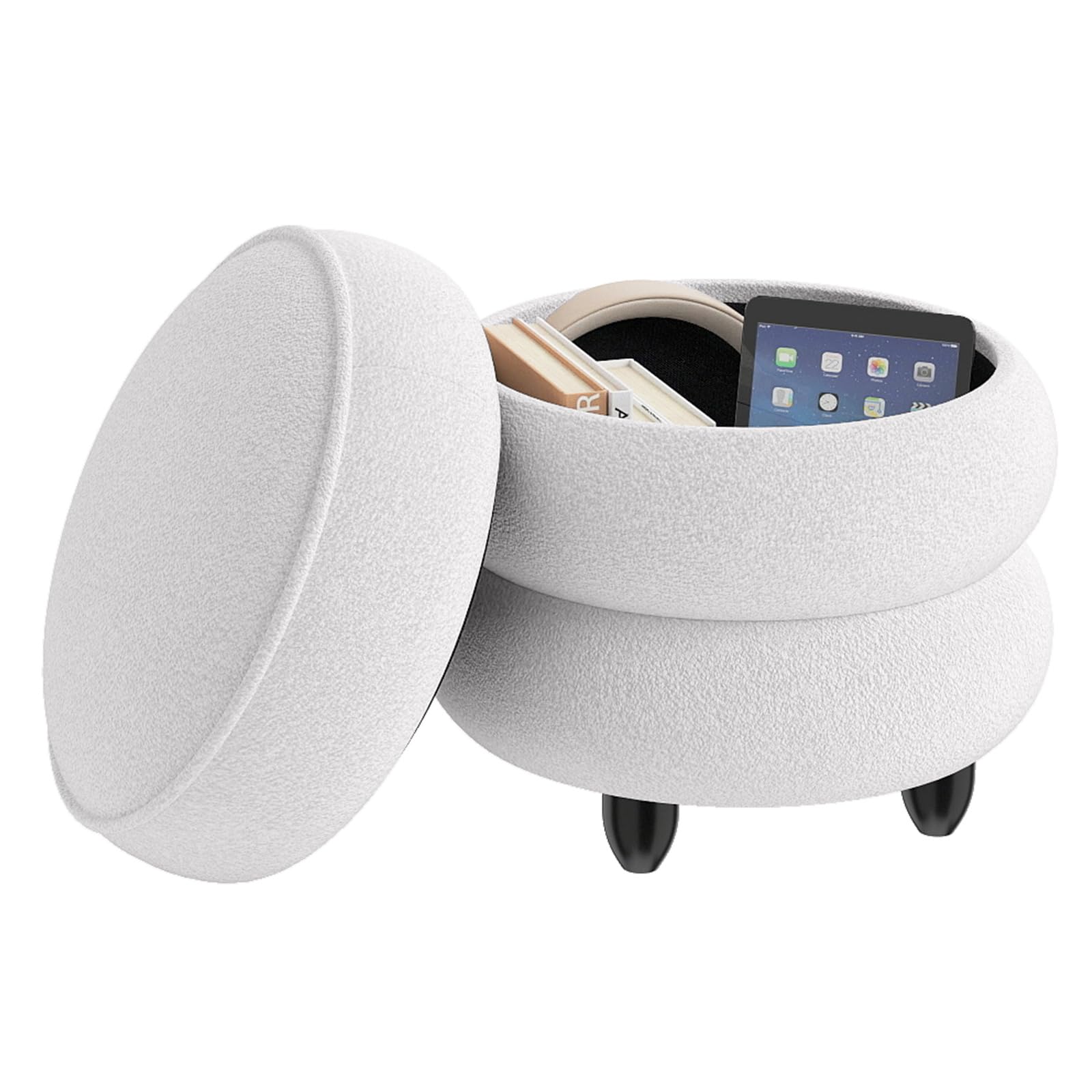 COSTWAY Pouf Contenitore Rotondo 20 L, Ottomano con Coperchio Rimovibile, Sgabello da Trucco con Gambe in Legno di Gomma, Portata 150 kg, per Camera da Letto e Salotto