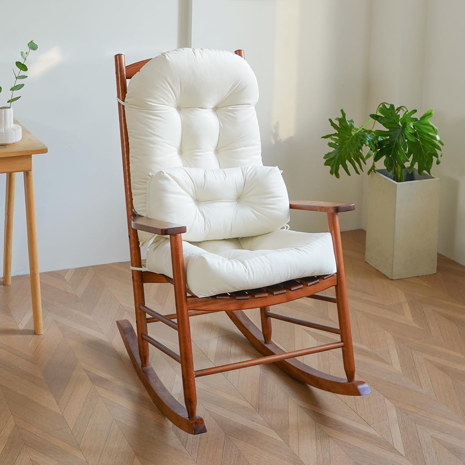 Rocking Chair Cushion Indoor Large Chair Pads Set with Ties Extra Lumbar Pillow Premium Dutch Velvet High Resilience Filler Non-Slip Bottom, White