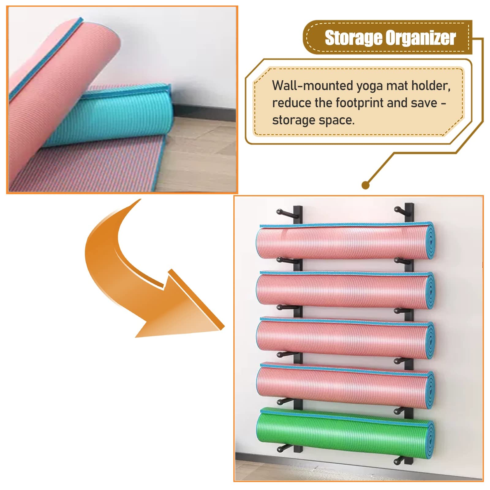 Soporte de pared para esterilla de yoga, estante de almacenamiento de 5 niveles, estante de acero resistente para gimnasio, estudio, garaje, organizador multiusos montado en la pared