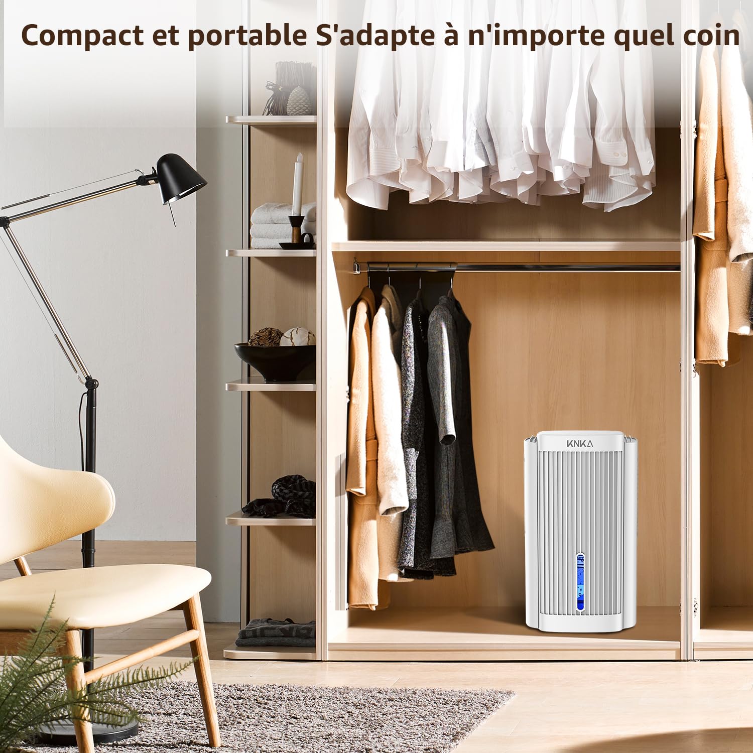 KNKA Deshumidificateur d Air, 1,1 L/Jour, Déshumidificateur Bruit Inférieur à 28dB, Pour Salles de Bain, Chambres et Placards de Moins de 17m², Avec Arrêt Automatique et Fonction de Dégivrage, Blanc