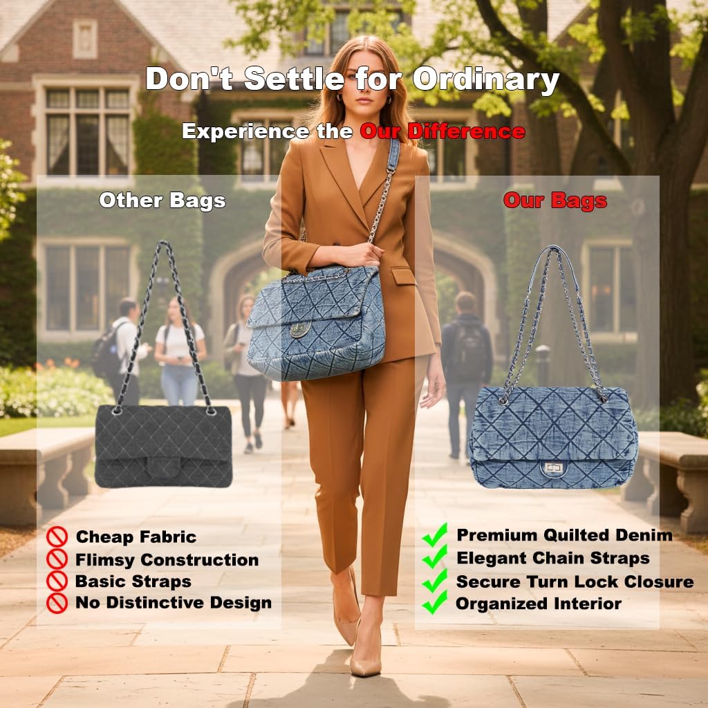 Quilted Denim Tote Bag for Women, Large Capacity Vintage College Style Shoulder Bag Denim Purse, Chain Crossbody Bag - Image 5
