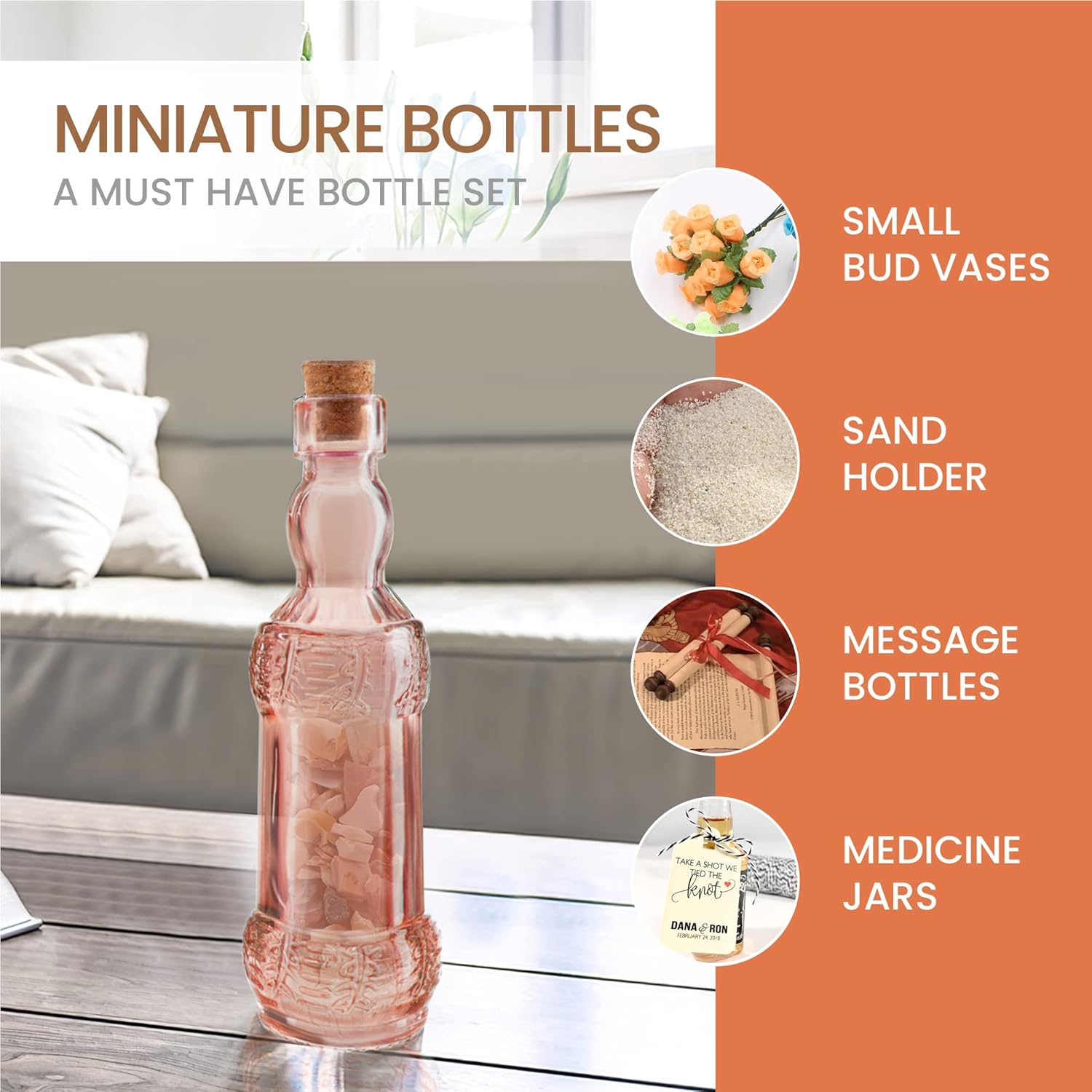 BULK PARADISE Small MIni Reddish Vintage Glass Bottles with Corks, MIni Vases, Decorative, Potion, Assorted Design Set of 12 pcs, 4.6 Inch Tall (11.43cm), 1.4 Inch Wide (3.56cm)