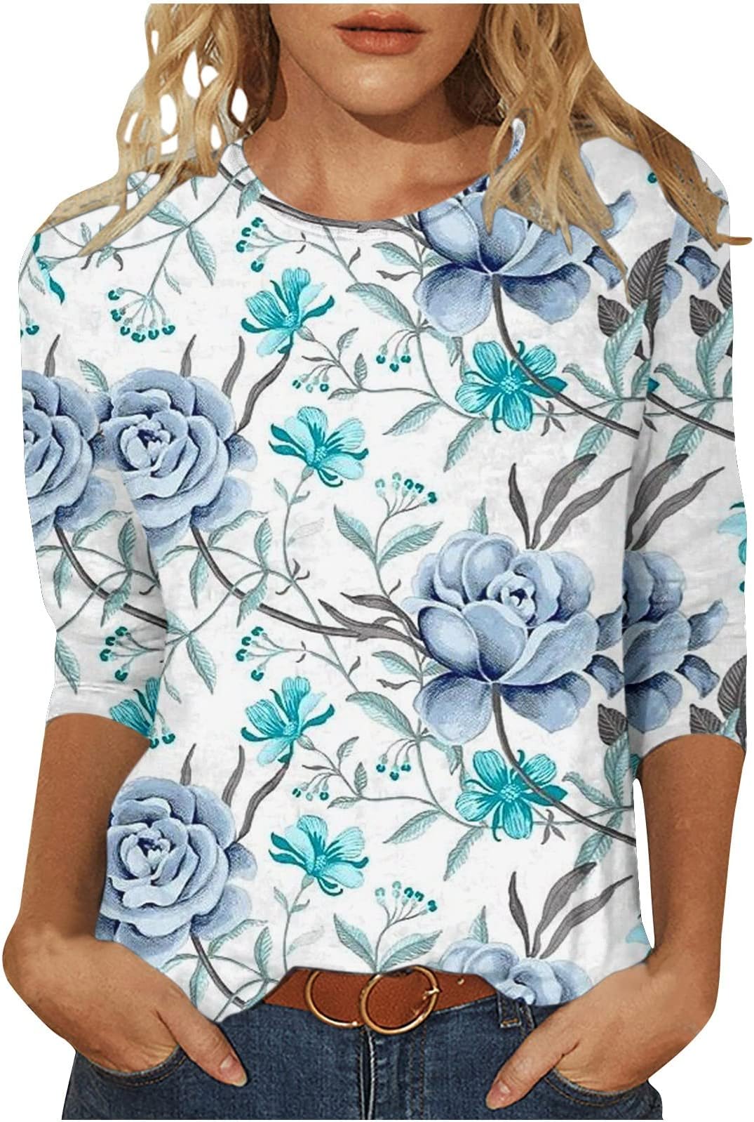 SMIDOW3/4 Sleeve Tops for Women 2023 Casual Bohemian Floral Print Pullovers Loose Summer Spring Basic t Shirt Blouse
