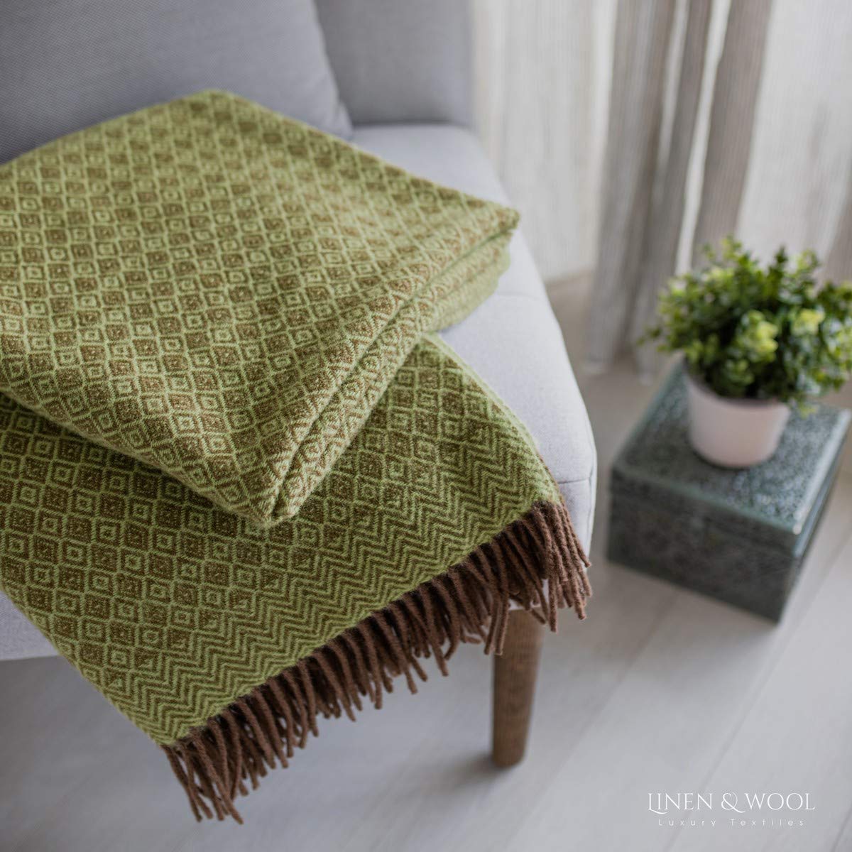 Linen & Cotton Plaid de Luxe Paris Diamant Sergé - 100% Pure Laine de Nouvelle-Zélande, Brun Marron Vert (140 x 200cm) Couverture Chauffante/Jeté de Canapé/Couvre Lit Polaire/Blanket Sofa Fauteuil