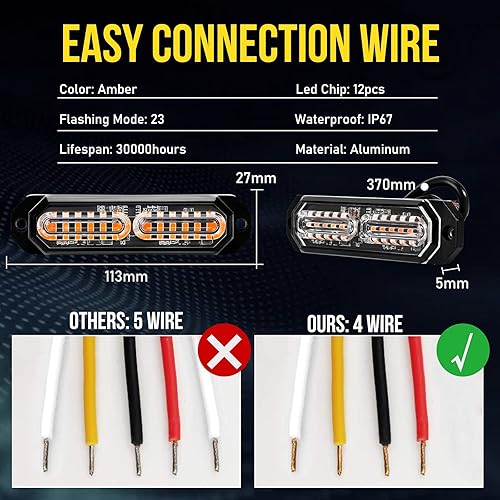 Miniatura 5 de MIRUNNY Luces estroboscópicas LED ámbar, barra de luz de advertencia de emergencia de 12 LED, montaje en superficie universal, 23 modos