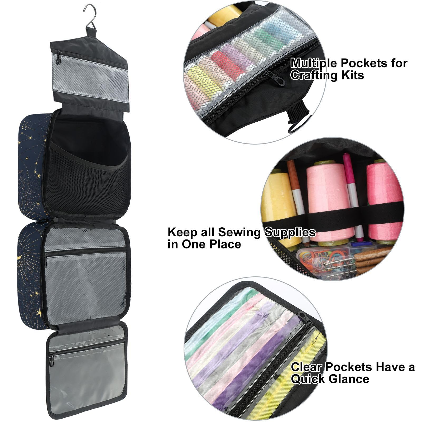 YNNALE Sewing Supply Organizer Bag, Black and Gold Moon Stars Galaxy Portable Sewing Bags with Pockets&Hanger, Sewing Storage Box Case for Sew Supplies/Kit/Tools/Accessories (BAG ONLY)