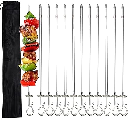 Amestar 12 Pack Kabob Skewers BBQ Barbecue Skewers Stainless Steel Sticks 13.7 Inch Heavy Duty Large Wide Reusable with Slider Ideal for Shish Kebab Chicken Shrimp and Vegetables