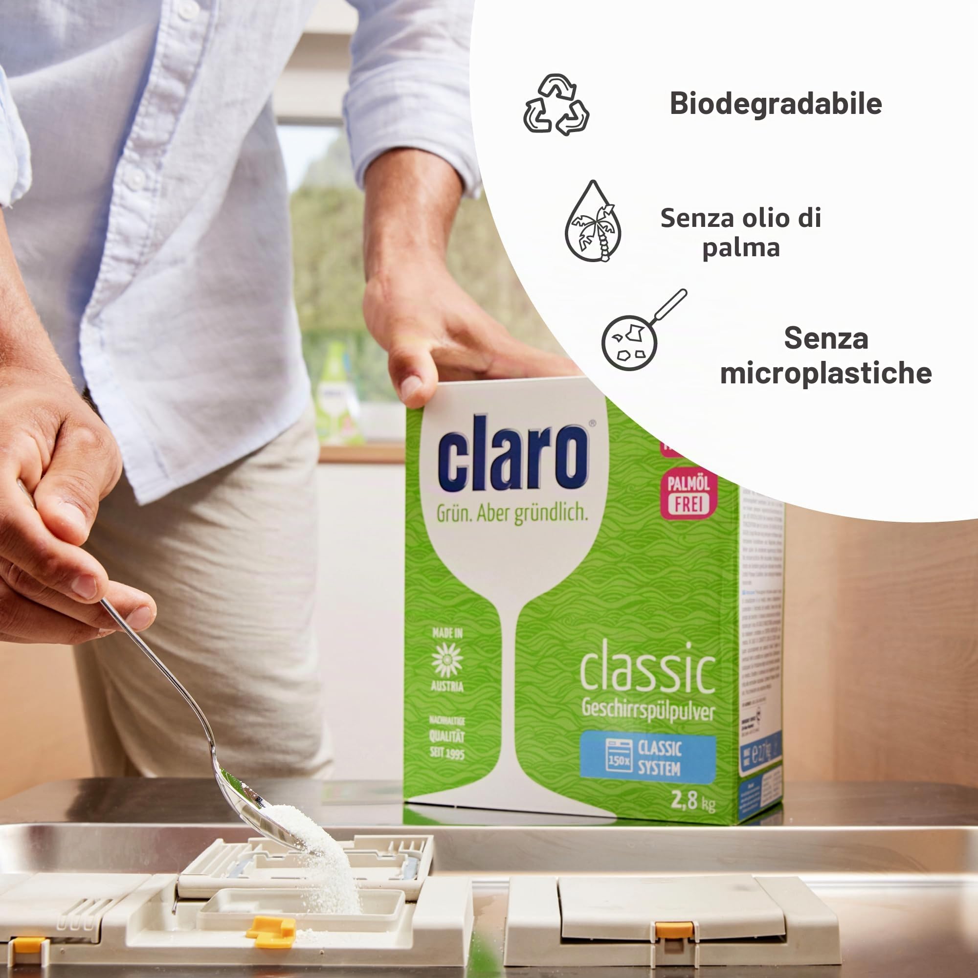 claro Classic Eco - Polvere per lavastoviglie, 2,8 kg, senza fosfati, ecologico e vegano, 155 lavaggi