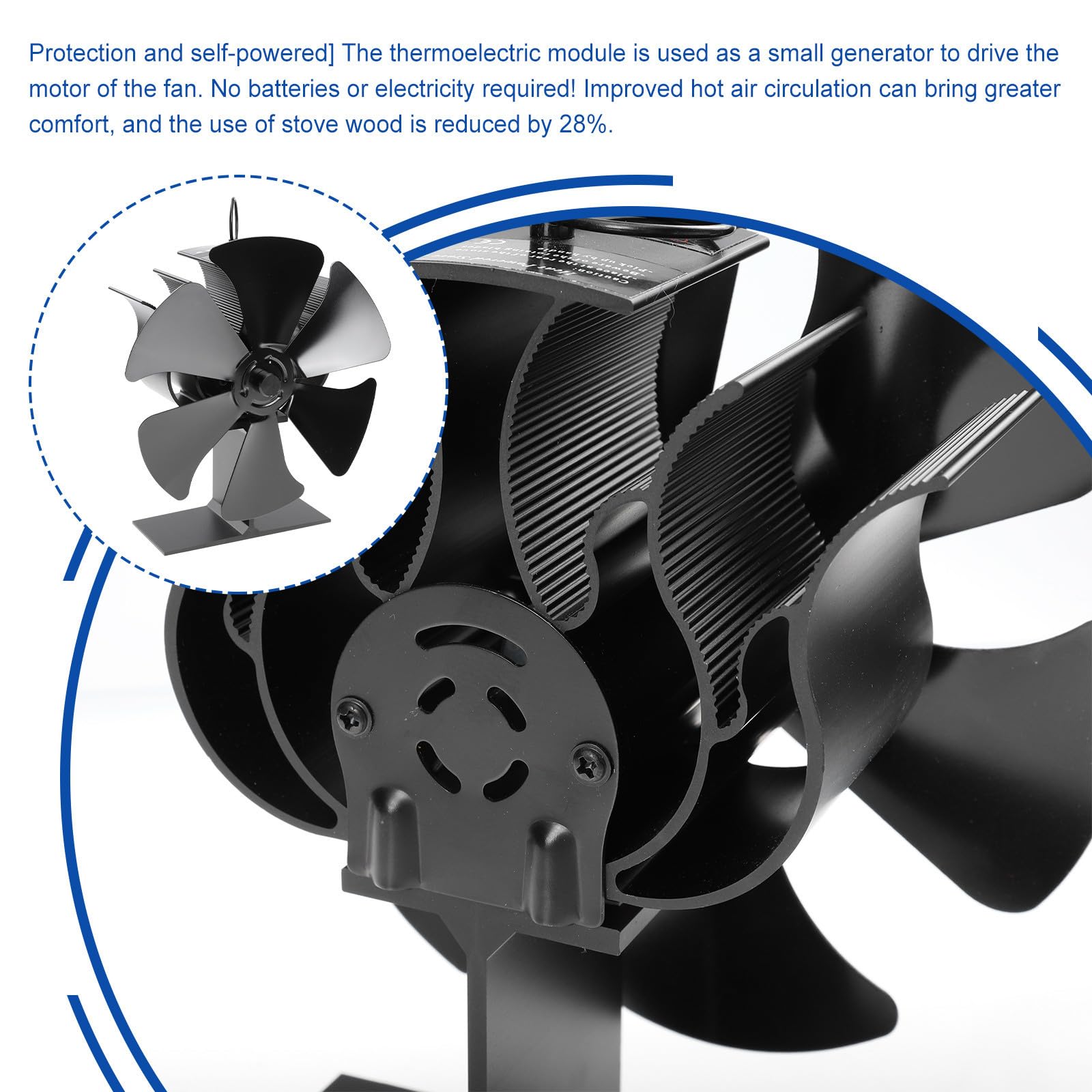 Kaminofenlüfter 6 blatt Ofenventilator aus Aluminium mit Leisem Betrieb und Großem Luftvolumen für Holzöfen zum Heizen im Sommer Effizienter Herdlüfter