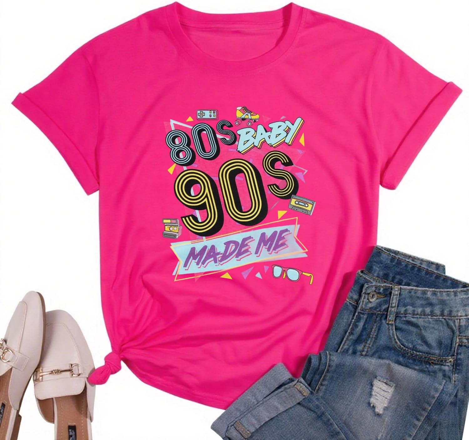 FLOYU 80s Baby 90s Made Me Shirt Womens 90s T-Shirt 90's Outfit Tops Casual  1990s Party Shirts Top