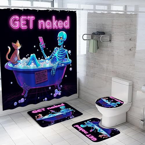 Juego de 4 cortinas de ducha con diseño de calavera y esqueleto con alfombras góticas y espeluznantes de terror de Halloween en la tina, burbujas de