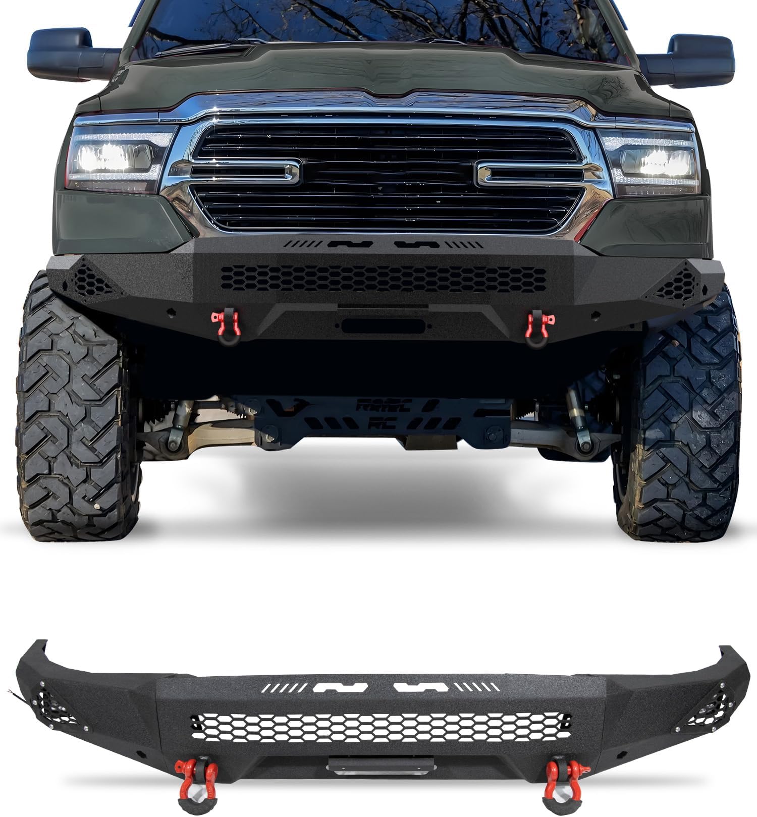 Front Bumper Fit for 2019-2024 Ram 1500 Off road Steel Bumper with LED Lights & D-rings (Excl. Rebel & TRX Trim, 19-24 Classic and 20-22 Diesel Models)