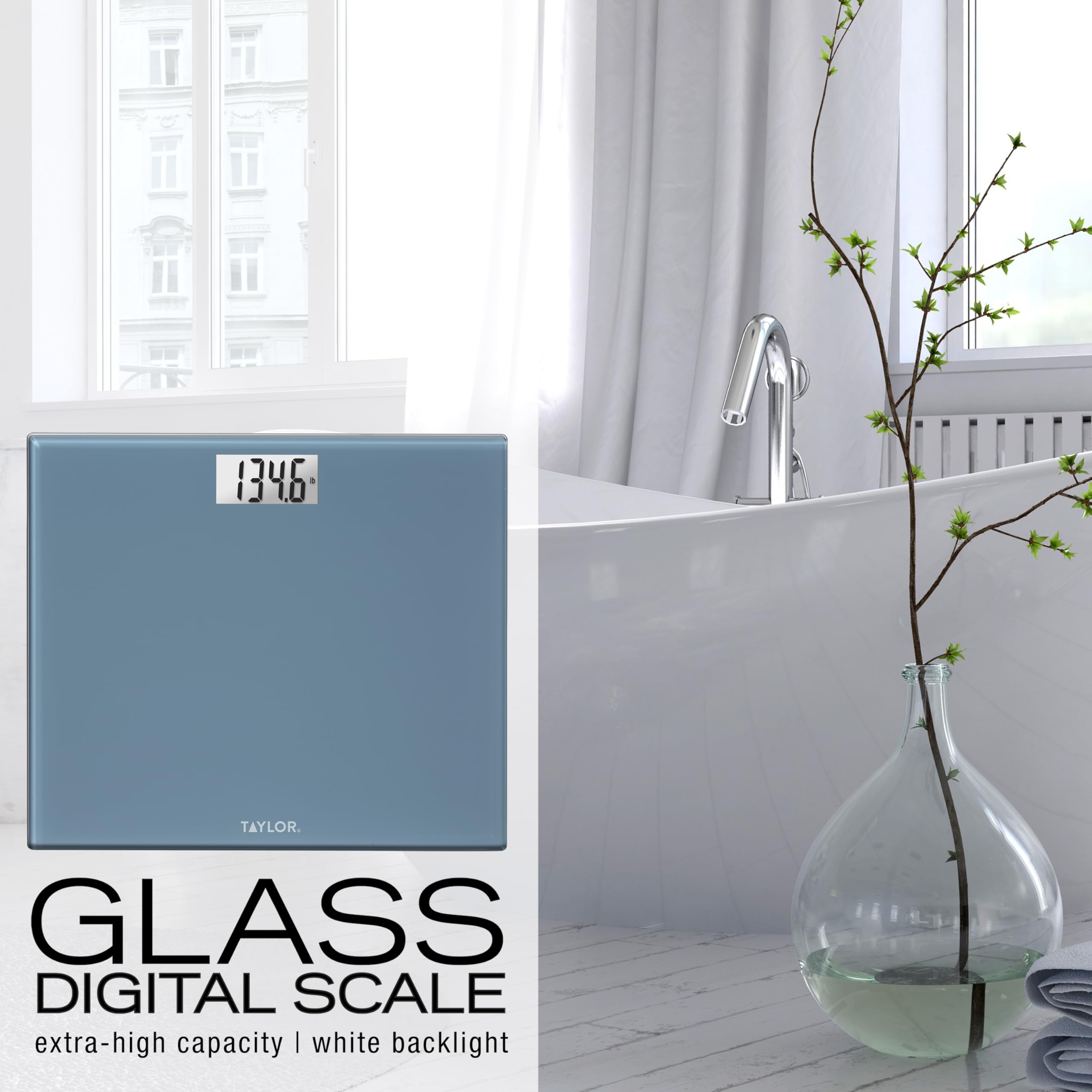 Taylor Báscula de baño digital extra ancha extra alta de 500 libras para peso corporal, alta precisión precisa y plataforma ultra ancha, máquina de pesaje digital para personas, fácil de leer, azul