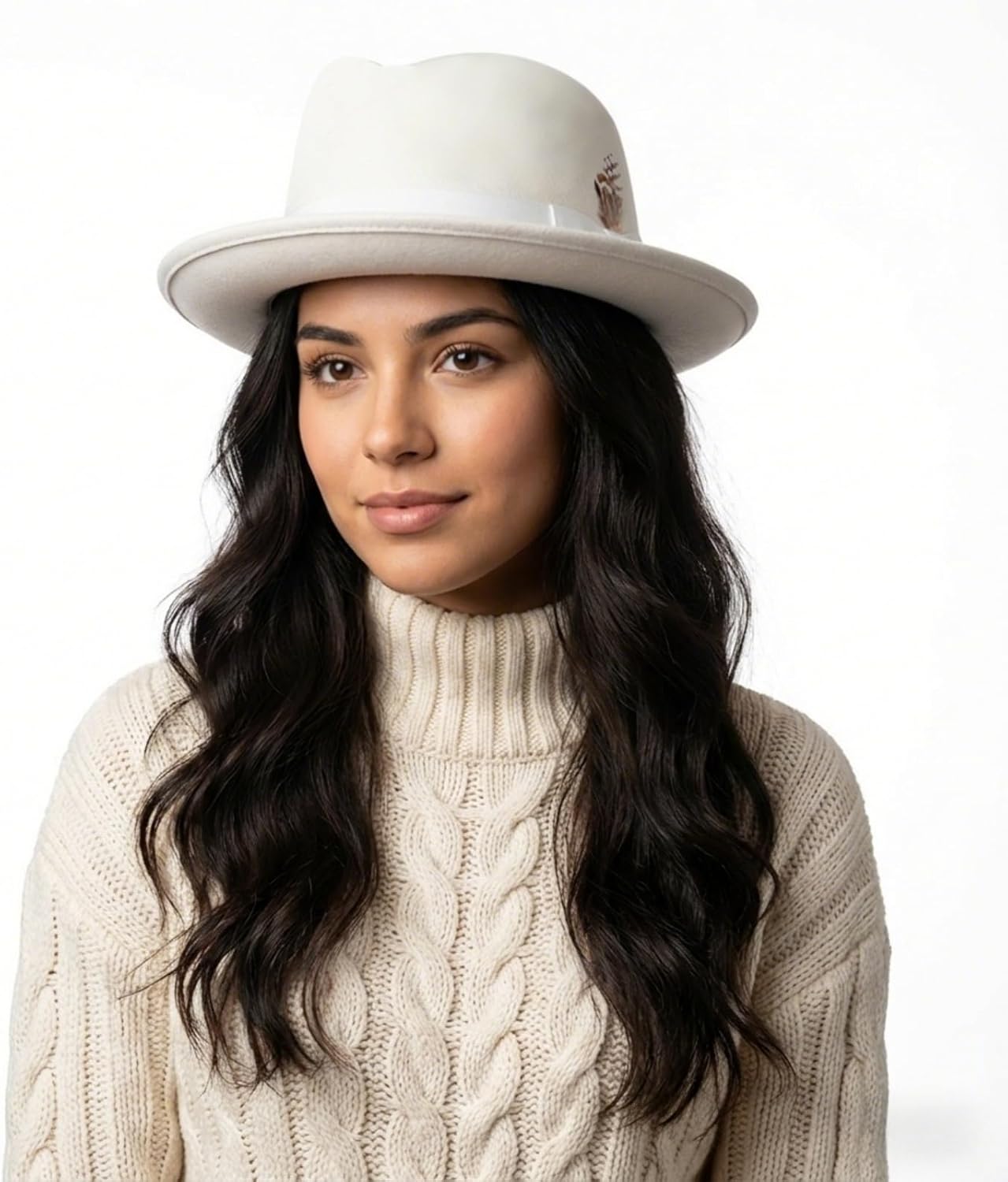 Fedora Hat for Women, Classic Short Brim Felt Panama Hat with Feather Band, 56-58cm