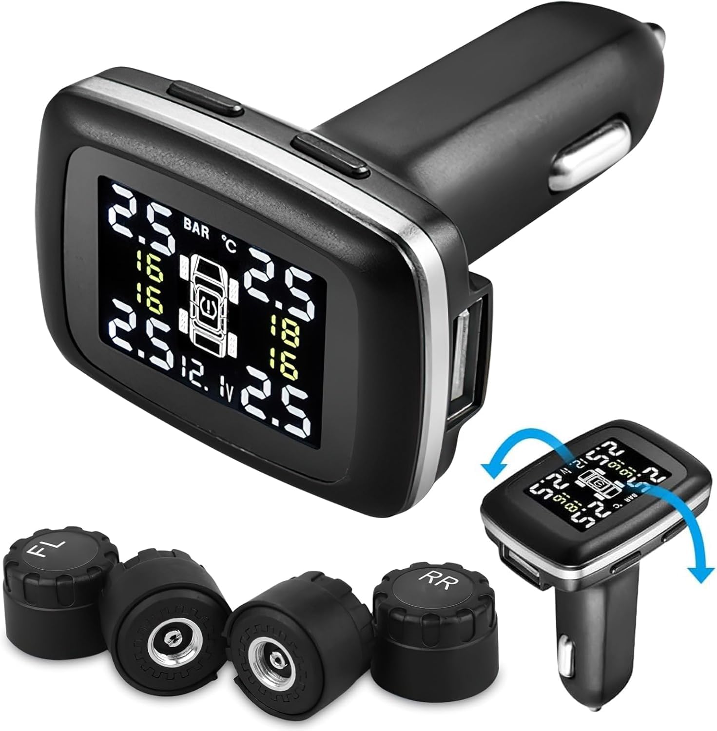 TPMS Reifendruckkontrollsystem,4 Externe Sensoren, Einstellbarer Winkel,Zigarettenanzünder‑&USB‑Anschluss
