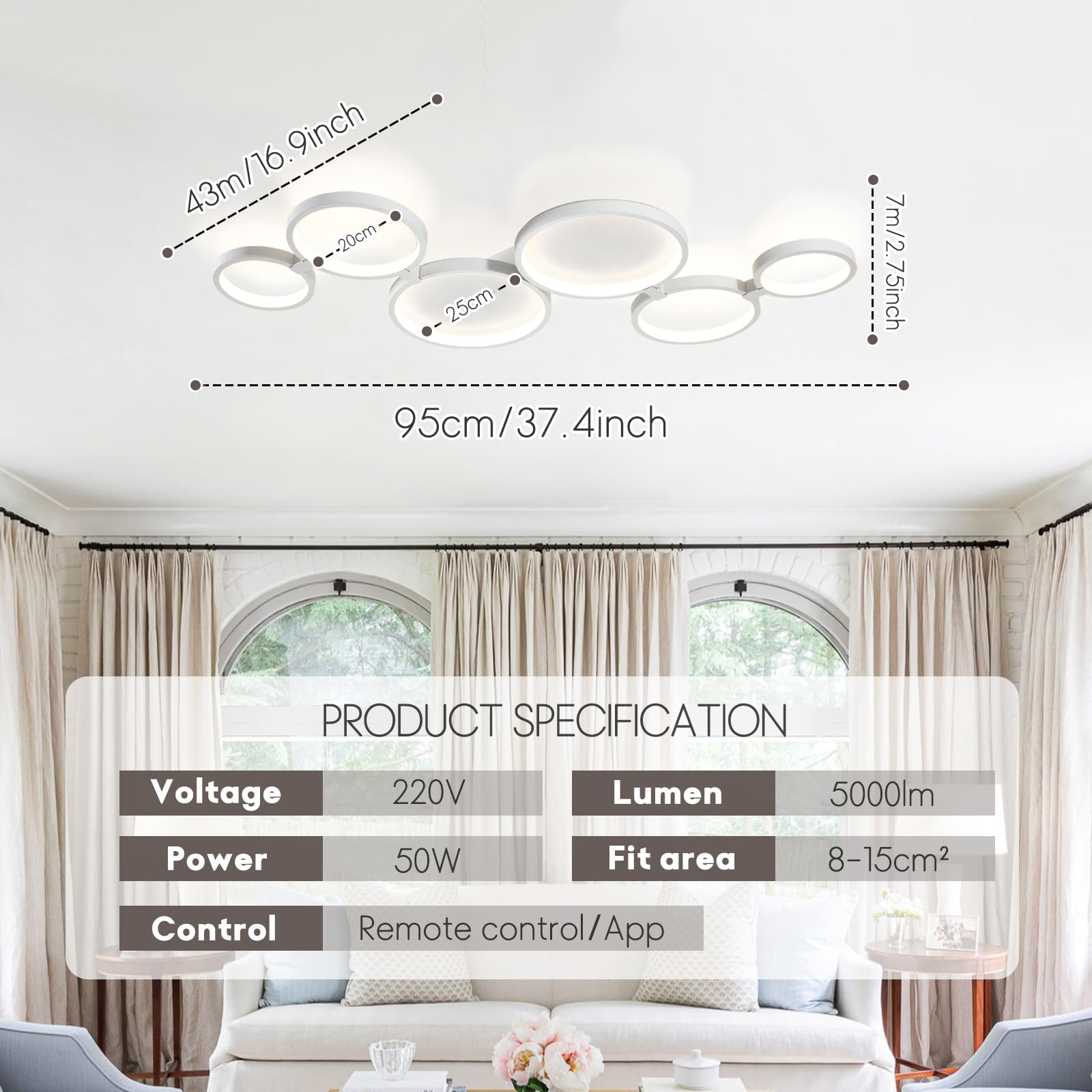 95 cm Lampadario Led Soffitto Moderni 6 Anelli Soggiorno, Dimmable Moderno Plafoniera Led Soffitto Camera Da Letto, 3000K-6500K Luce Funzione Di Memoria, Nessuno Sfarfallio, Timer(Bianco)
