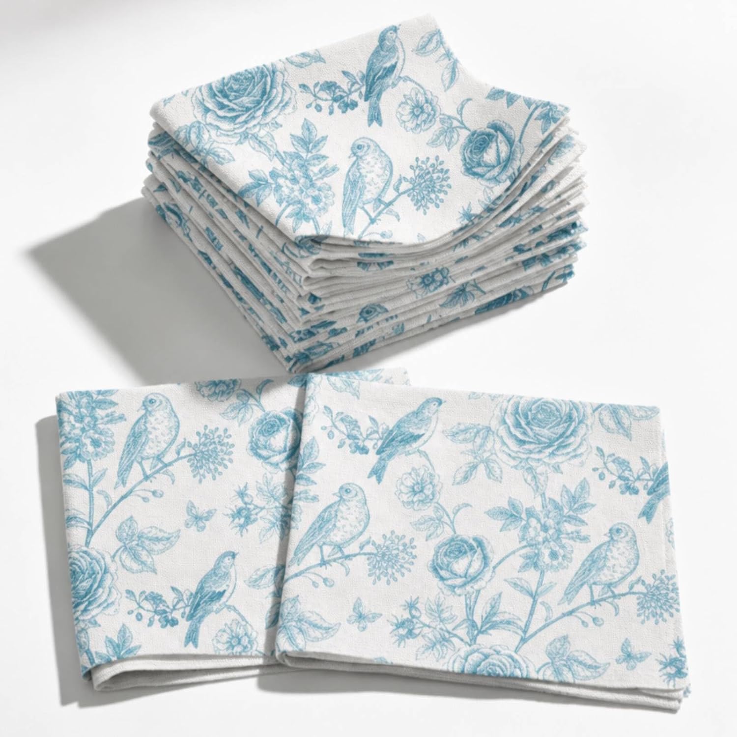 Whaline 16Pcs Blue Floral Bird Cloth Napkins Vintage Flower Dinner Napkins Washable Reusable Kitchen Table Top Collection for Wedding Party Home Restaurant Hotel, 15 x 15 Inch