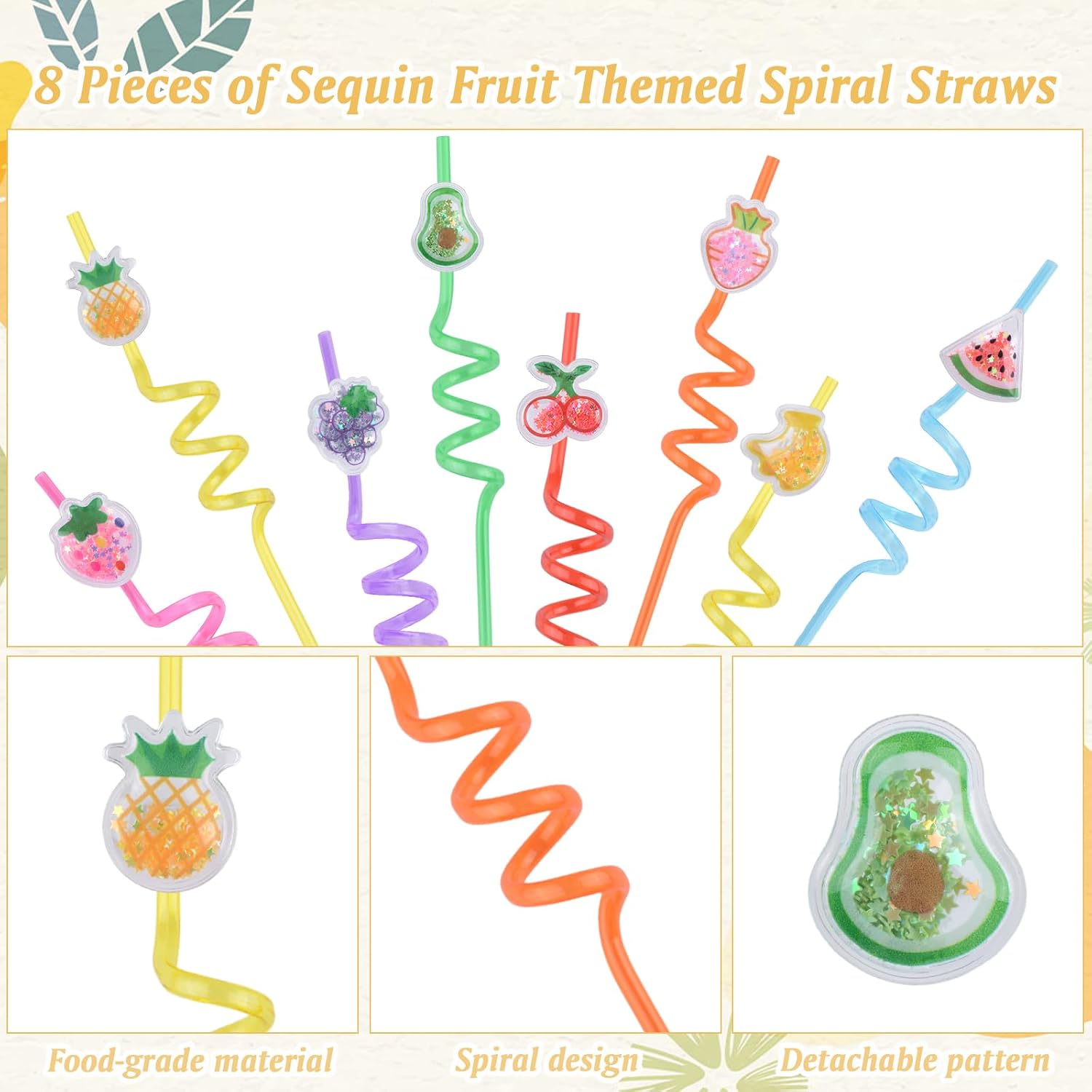 Glitter Fruit Theme Spiral Straw 24Pcs Reusable Bendable Food Grade Plastic Cartoon Design for Decorating Birthday Parties & Gatherings