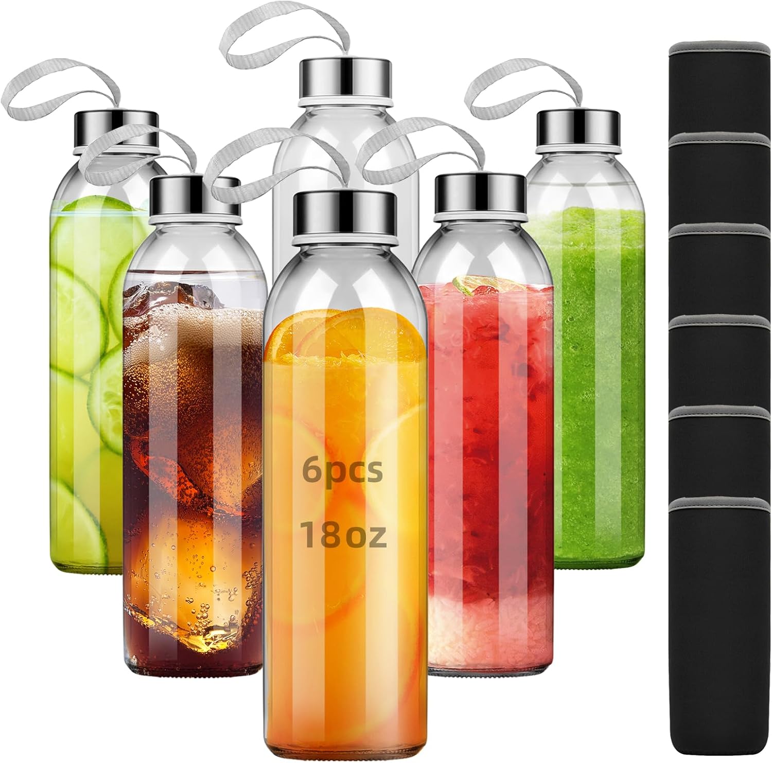 REUJIHXY 2Pcs 16 Ounce Glass Water Bottles, Reusable Water Bottles with Airtight, Stainless Steel Lids Carrying Strap And Nylon Water Bottle Protective Sleeves for Hot Or Cold Drinks (2)