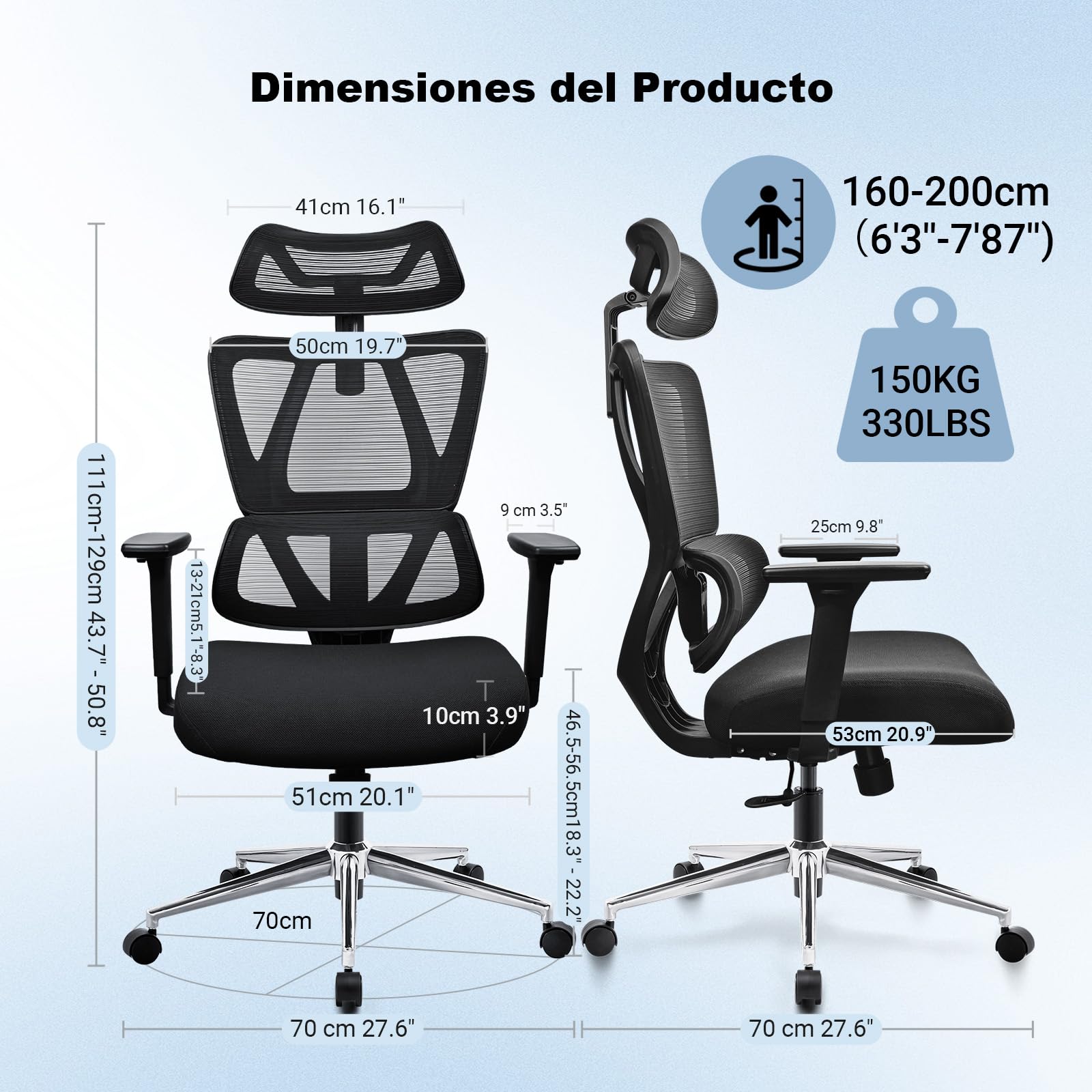 MELOKEA Silla de Oficina ergonómica 150kg con Soporte Lumbar Ajustable | Silla de escritorio para teletrabajo con asiento de muelles, reposabrazos 3D y EN1335
