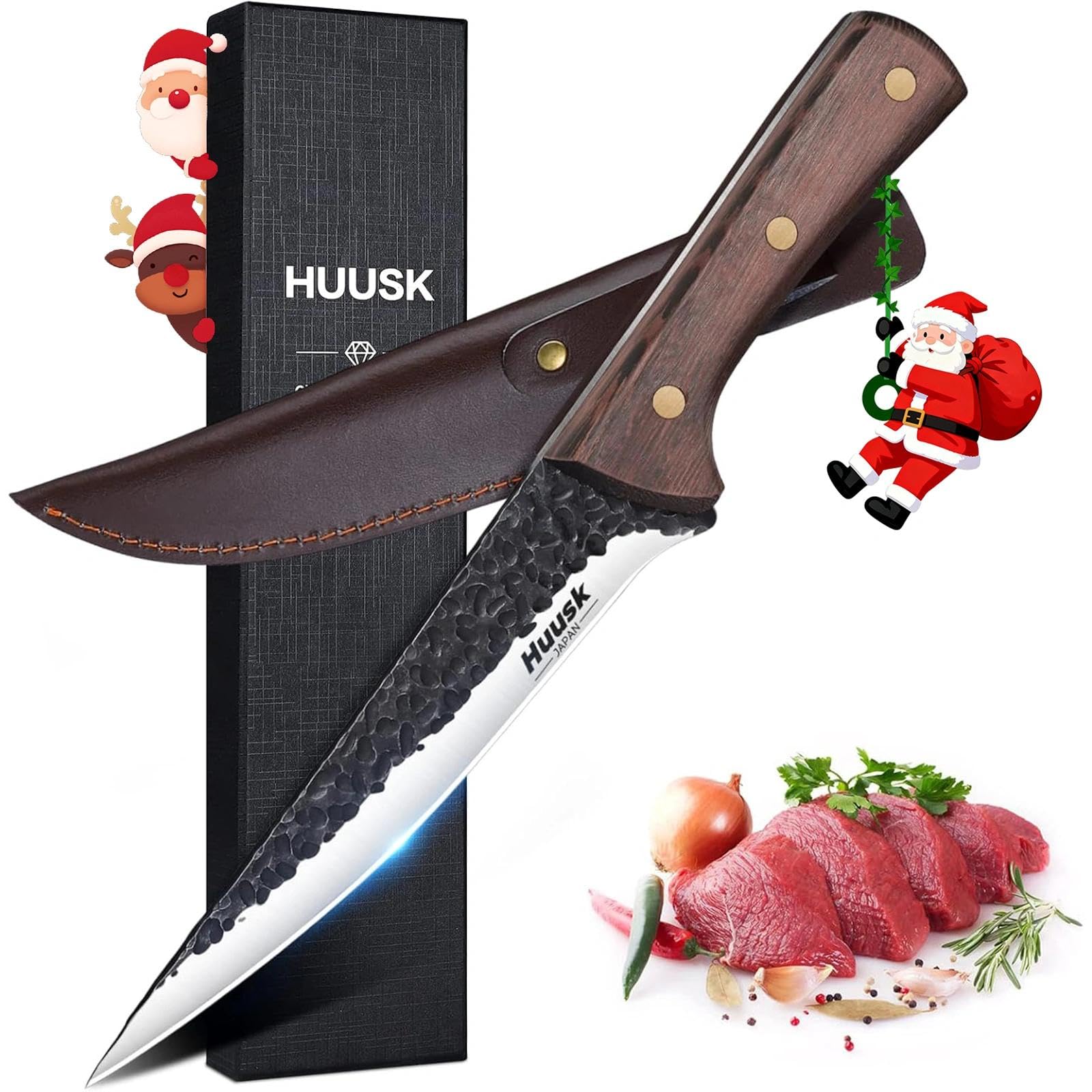 Huusk Boning Knife for Meat Cutting - Japanese High Carbon Steel Fillet Knife - Hand Forged Trimming Knives - Kitchen Chef Knives for Meat, Fish, Poultry, Christmas Gifts for Men Women